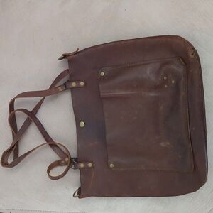 In Blue Rustic Leather Tote Bag Dark Brown Studded Double Straps